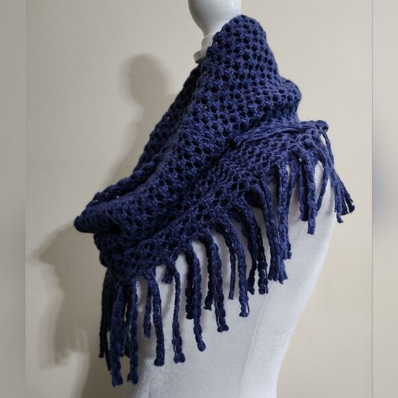 Navy Blue Crochet Fringed Scarf - Picture 3 of 5